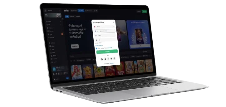 A laptop with the official website and 1win registration form open for Thai players.