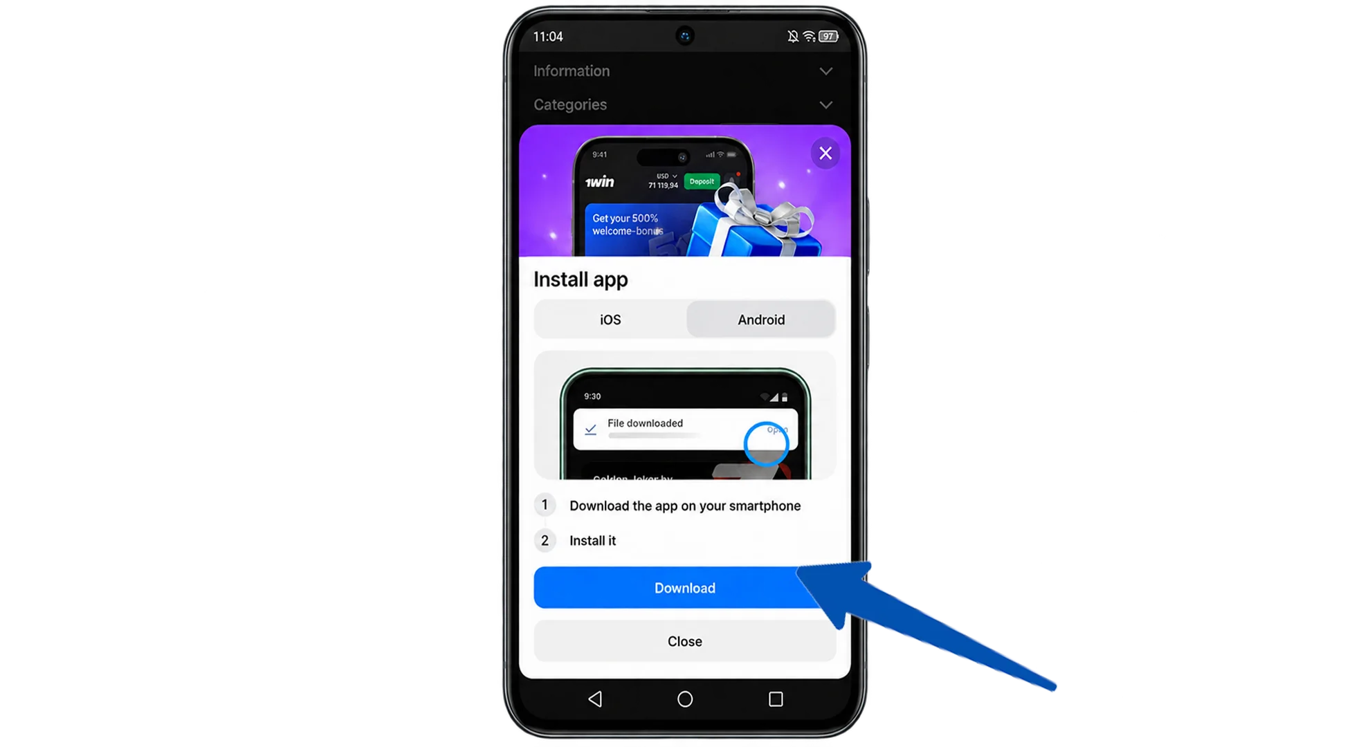The 1win Download button on your mobile phone screen