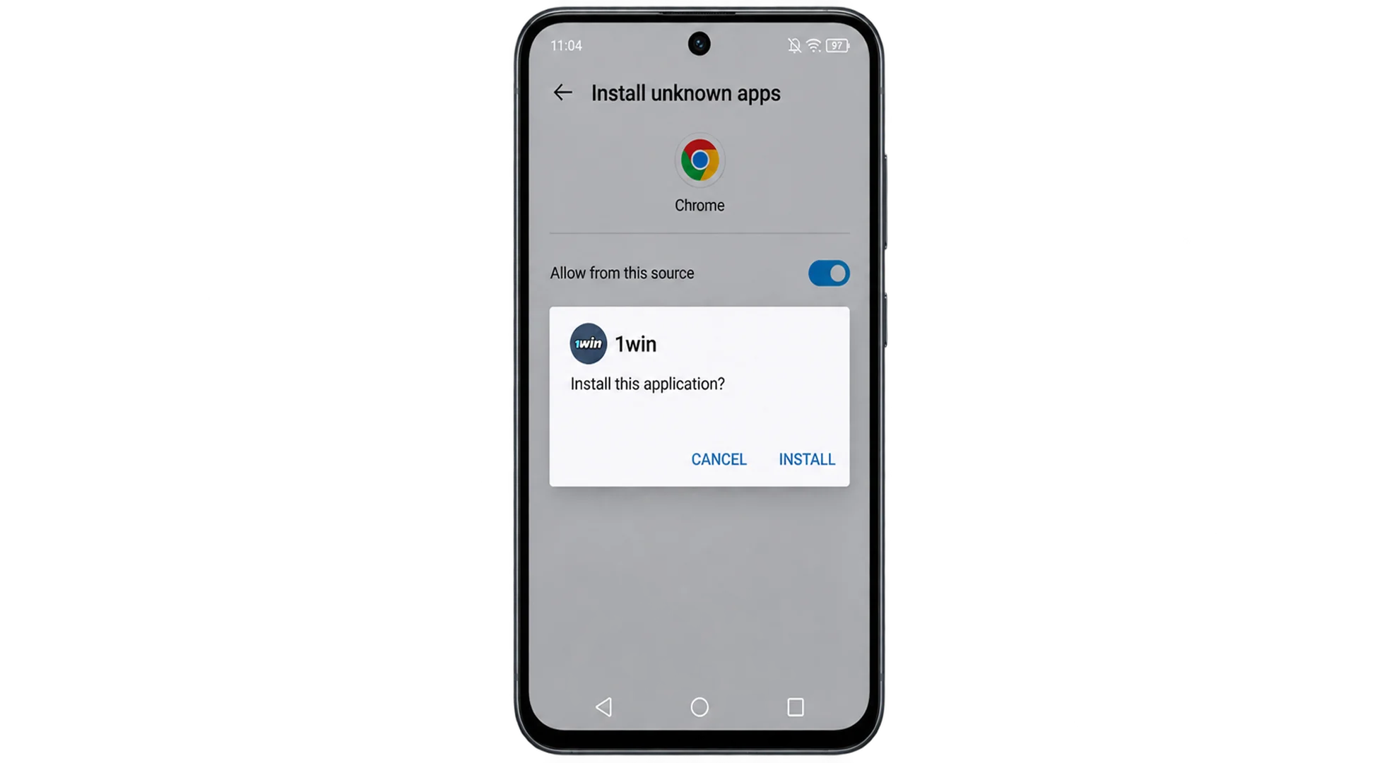The 1win APK installation process is to click the "Install" button