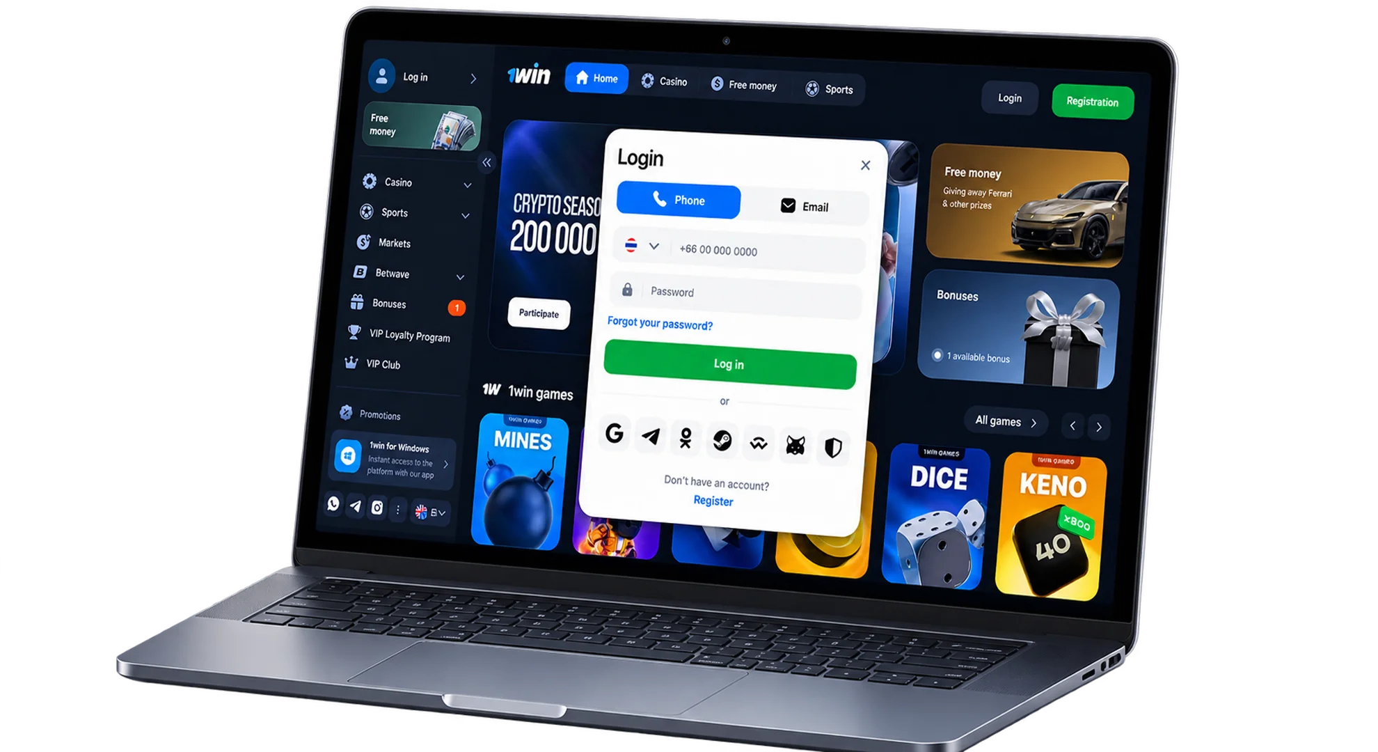 1win registration process - open registration form on a laptop